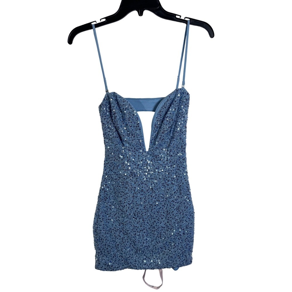 Oh Polly Sequin Mini Dress Light Blue Strapless Deep V Cutout Back US 2 - Picture 4 of 9